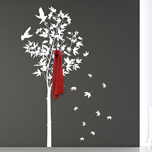 DESIGNSCAPE® Garderobe Ahornbaum mit Blättern | Farbe: weiss | Größe: mittel (103 x 160 cm) | inkl. 6 Edelstahl Wandhaken von DESIGNSCAPE