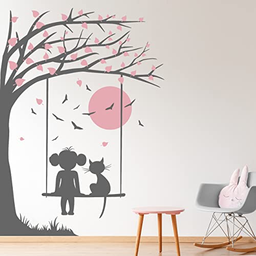 DESIGNSCAPE® Wandtattoo Baum mit Schaukel und Mond | Kinderzimmer Wanddeko | Farbe 1: schwarz | Größe: klein (87 x 120 cm) von DESIGNSCAPE