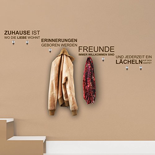 DESIGNSCAPE® Wandtattoo Garderobe Zuhause | Wandtattoo Spruch inkl. 8 Kleiderhaken | Farbe: türkis | Größe: mittel (120 x 27 cm) | inkl. 8 Edelstahl Wandhaken von DESIGNSCAPE