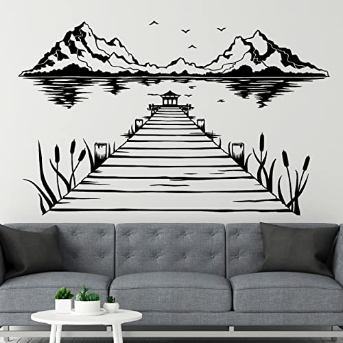 DESIGNSCAPE® Wandtattoo Romantischer Steg mit Schilf | Wanddeko mit Bergen | Farbe: silber | Größe: mittel (110 x 69 cm) von DESIGNSCAPE