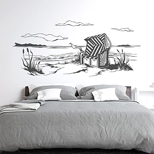 DESIGNSCAPE® Wandtattoo Romantischer Strandkorb am Meer | Maritime Landschaft als Wanddekoration | Farbe: beige | Größe: klein (60 x 26 cm) von DESIGNSCAPE