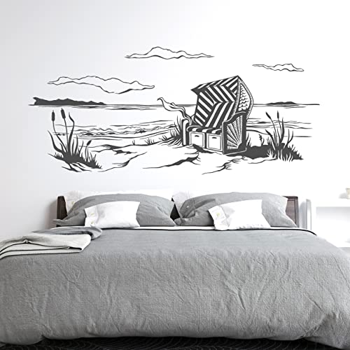 DESIGNSCAPE® Wandtattoo Romantischer Strandkorb am Meer | Maritime Landschaft als Wanddekoration | Farbe: dunkelgrau | Größe: klein (60 x 26 cm) von DESIGNSCAPE