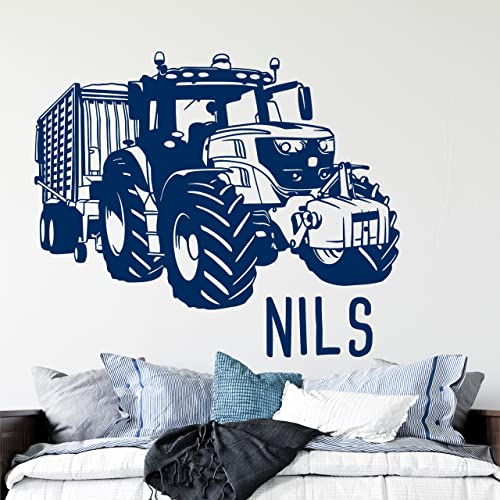 DESIGNSCAPE® Wandtattoo Traktor mit Hänger und Wunschname | Farbe: königsblau | Größe: groß (120 x 100 cm) von DESIGNSCAPE
