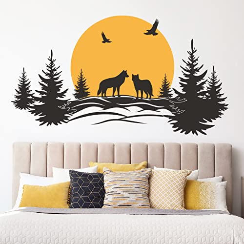 DESIGNSCAPE® Wandtattoo Waldlandschaft mit Wölfen und Mond | Farbe 1: hellorange | Größe: mittel (100 x 55 cm) von DESIGNSCAPE