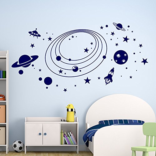 DESIGNSCAPE® Wandtattoo Weltall mit Planeten, Rakete, Sternen und Ufos | Farbe: königsblau | Größe: klein (90 x 46 cm) von DESIGNSCAPE