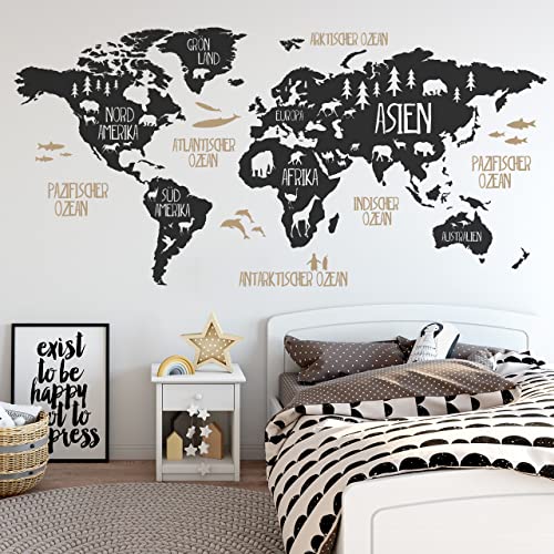 DESIGNSCAPE® Wandtattoo Weltkarte für Kinder mit Tieren | Farbe 1: braun | Größe: klein (120 x 58 cm) von DESIGNSCAPE