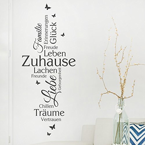 DESIGNSCAPE® Wandtattoo Zuhause Wortwolke - Lachen, Liebe, Chillen, Freunde, Träume, Vertrauen, Geborgenheit, Leben, Freude, Glück, Erinnerungen, Familie | Farbe: dunkelgrau | Größe: mittel (49 x 120 cm) von DESIGNSCAPE