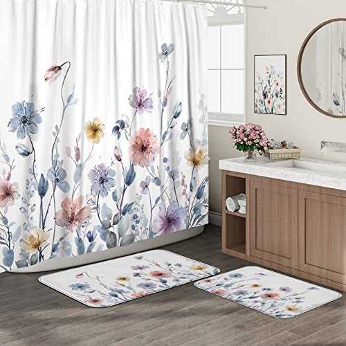 DESIHOM 3-teiliges Badezimmer-Set mit Duschvorhang und Teppichen, 183,9 cm Duschvorhang und zwei rutschfesten, waschbaren Badematten (39,7 x 59,6 x 80,9 cm), Wildblumen-Badezimmerdekoration von DESIHOM