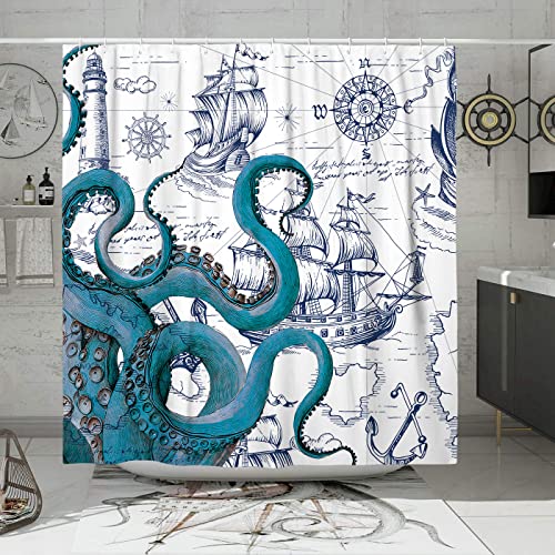 DESIHOM Blauer nautischer Oktopus-Duschvorhang-Set, lustige Ozean-Kraken-Duschvorhänge für Badezimmer, Strand, Küste, Piratenkarte, Dekor, Polyestergewebe, 183 x 183 cm von DESIHOM