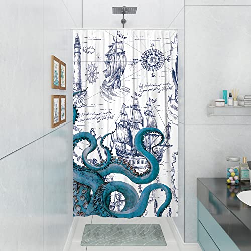 DESIHOM Blauer nautischer Oktopus kleiner Duschkabinen-Vorhang-Set, lustiger Ozean-Kraken, schmaler Stand-up-Duschvorhänge für Badezimmer, cooler Strand, Küste, Polyesterstoff, 91.4x182.9 cm von DESIHOM