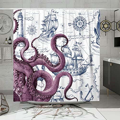 DESIHOM Duschvorhang-Set, Motiv: violetter nautischer Oktopus, lustiger Ozeankraken, Duschvorhänge für Badezimmer, Strand, Küste, Piratenkarte, Dekoration, Polyesterstoff, 183 x 183 cm von DESIHOM