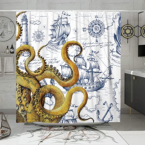 DESIHOM Gelber nautischer Oktopus-Duschvorhang-Set, lustiger Ozean-Kraken, Duschvorhänge für Badezimmer, cooler Strand, Küste, Oktopus-Dekor, Polyesterstoff, 183 x 183 cm von DESIHOM