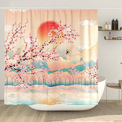 DESIHOM Japanischer Duschvorhang, asiatische Kunst, Berg, Duschvorhang, Anime, Kirschblüte, Polyester, 183 x 183 cm von DESIHOM