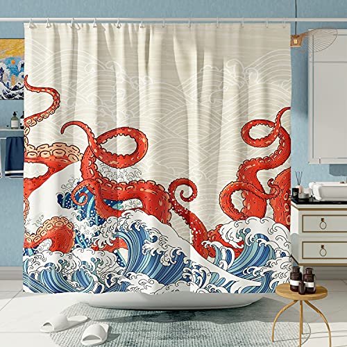 DESIHOM Kraken Duschvorhang-Set, japanischer Oktopus, Duschvorhänge für Badezimmer, asiatisches Anime, Badezimmer-Dekor, Polyester-Stoff, 183 x 183 cm von DESIHOM