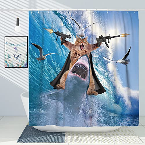 DESIHOM Lustiger Duschvorhang, Motiv: Katze reitender Hai, Duschvorhang mit Cartoon-Tiermotiv, Polyester, 183 x 183 cm von DESIHOM