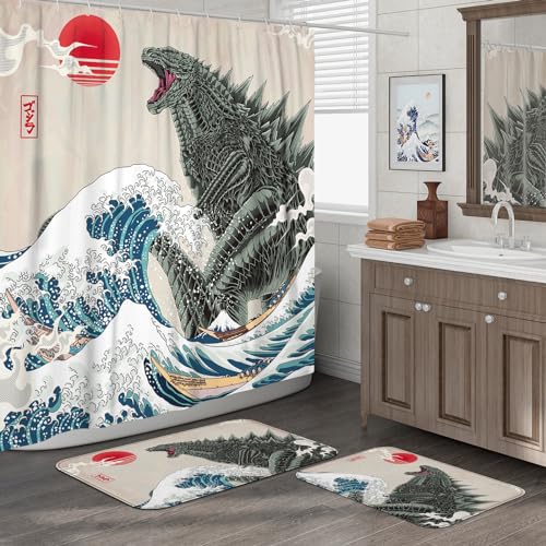 DESIHOM Lustiges Badezimmer-Set mit Duschvorhang und Teppichen, 183 cm Duschvorhang und zwei rutschfesten, waschbaren Badematten (39,9 x 60,9 cm und 50,9 x 80,9 cm), Anime-Monster-Badezimmer-Dekor, von DESIHOM