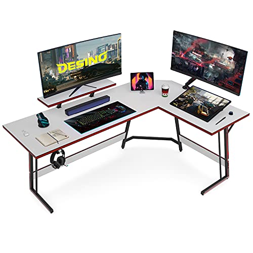 DESINO Eckschreibtisch Gaming 150 x 120 cm, Ergonomic Gamer Schreibtisch l Form, Groß Pc Ecktisch Computertisch Mit Monitorständer, Stabil Metall-Beine Eck Tisch, Weiß von DESINO