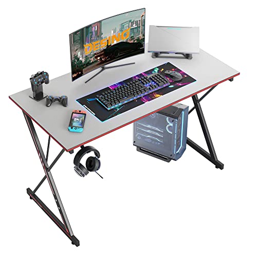 DESINO Gaming Schreibtisch, 120 x 60 cm Ergonomischer Computertisch, Tisch mit Kohlefaseroberfläche, stabiles Kopfhörerhaken zum Spielen, Lernen, Zuhause, Schlafzimmer, Grau von DESINO