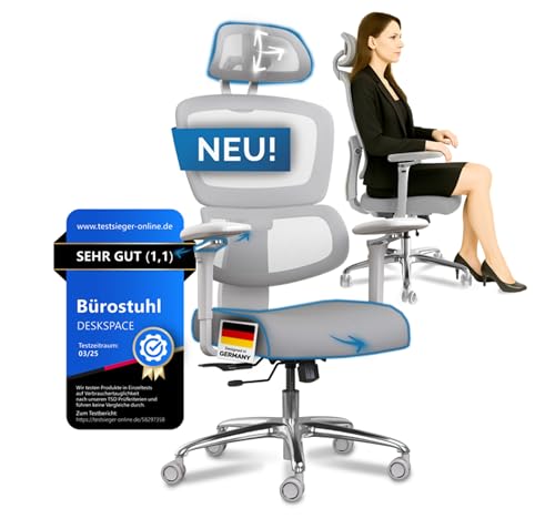 DESKSPACE Move Pro Ergonomischer Bürostuhl - Intelligente Lordosenstütze, 3-stufige Neigung Schreibtischstuhl, höhenverstellbare Rückenlehne, Atmungsaktives Netzgewebe, Bürodrehstuhl 150 kg (Grau) von DESKSPACE