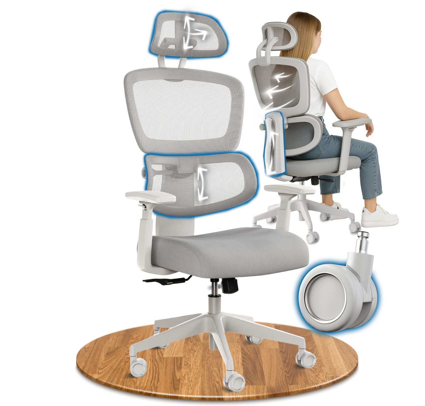 DESKSPACE Bürostuhl Move Ergonomischer Bürostuhl 3-stufige Neigung Schreibtischstuhl 150kg, Intelligente Lordosenstütze zur automatischen Rückenunterstützung von DESKSPACE