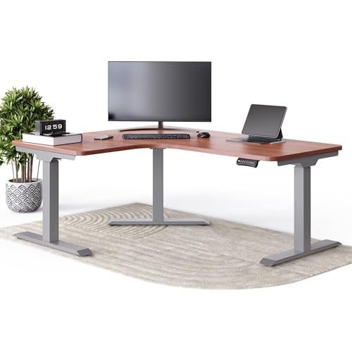 DESKSPACE Corner Elektrisch Höhenverstellbarer Eck Schreibtisch - 10 Jahre Garantie, Eckschreibtisch mit Mahagoni Tischplatte 160 x 130 x 70 cm, Gestell Grau mit Memory Funktion & Anti-Kollision von DESKSPACE