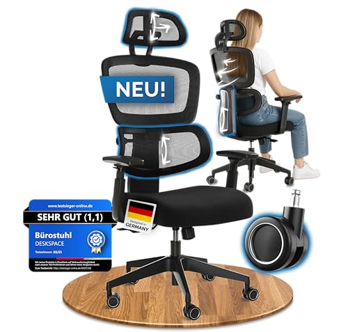 DESKSPACE Move Ergonomischer Bürostuhl - Intelligente Lordosenstütze, 3-stufige Neigung Schreibtischstuhl, höhenverstellbare Rückenlehne, Atmungsaktives Netzgewebe, Bürodrehstuhl 150 kg (Schwarz) von DESKSPACE