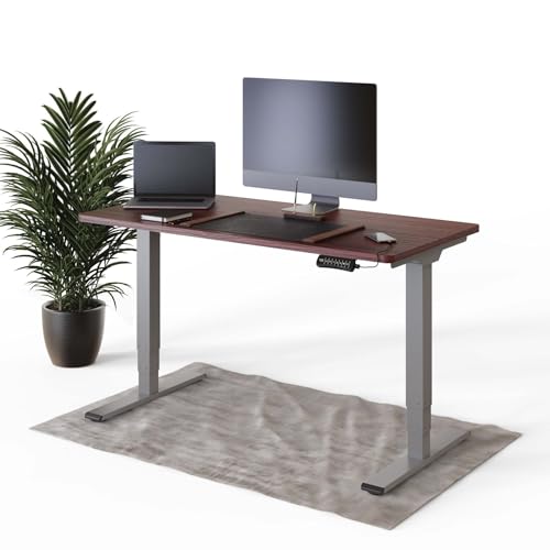 DESKSPACE PRO Plus Elektrisch höhenverstellbarer Schreibtisch - Ergonomischer Stehpult mit Memoryfunktion Kollisionschutz (Graues Gestell, Mahagoni Tischplatte, 140 x 70 cm) von DESKSPACE