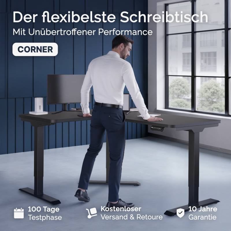 Höhenverstellbarer Schreibtisch | Corner | Mahagoni / Weißes / 160 x 130 x 70 cm von DESKSPACE
