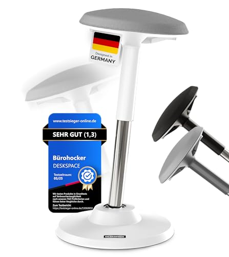 DESKSPACE Motion Ergonomischer Sitz- und Stehhhocker - Höhenverstellbarer Bürohocker mit extra breiter Basis und Sitzfläche, Stehstuhl, der Rücken- und Nackenschmerzen (Weiße) von DESQUP