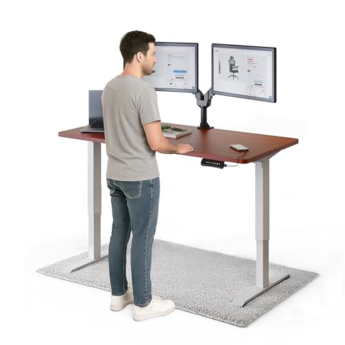 DESKSPACE PRO Elektrisch höhenverstellbarer Schreibtisch - 140x70 cm Mahagoni Tischplattem, Ergonomischer Stehpult mit Memory Funktion & Kollisionschutz, Weißes elektrisches Gestell mit Ladebuchse von DESQUP