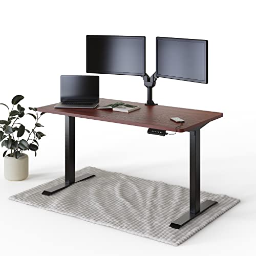 DESKSPACE PRO Elektrisch höhenverstellbarer Schreibtisch - 140x70cm Mahagoni Tischplatte, Ergonomischer Stehpult mit Memory Funktion & Kollisionschutz, Schwarzes elektrisches Gestell mit Ladebuchse von DESQUP
