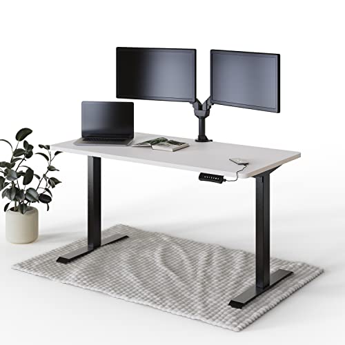 DESQUP® PRO Elektrisch höhenverstellbarer Schreibtisch | +140x70 cm Weiße Tischplatte | Ergonomischer Stehpult mit Memory Funktion & Kollisionschutz | Schwarzes elektrisches Gestell mit Ladebuchse von DESQUP