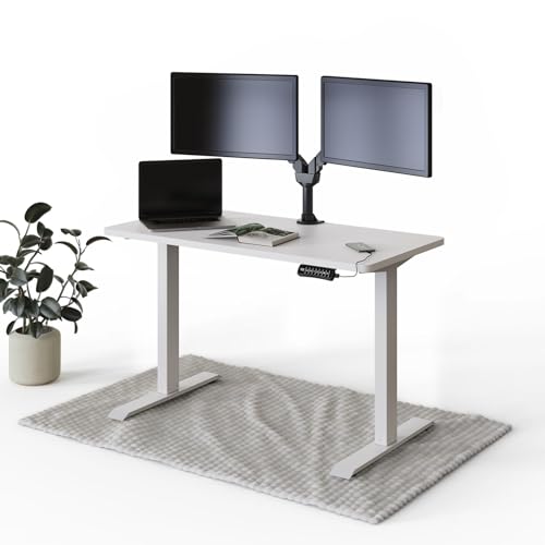 DESQUP® PRO Elektrisch höhenverstellbarer Schreibtisch | +120x60 cm Weiße Tischplatte | Ergonomischer Stehpult mit Memory Funktion & Kollisionschutz | Weißes elektrisches Gestell mit Ladebuchse von DESQUP