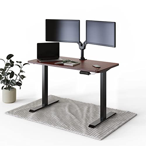 DESQUP® PRO Elektrisch höhenverstellbarer Schreibtisch | +120x60 cm Mahagoni Tischplatte | Ergonomischer Stehpult mit Memory Funktion & Kollisionschutz | Schwarzes elektrisches Gestell mit Ladebuchse von DESQUP