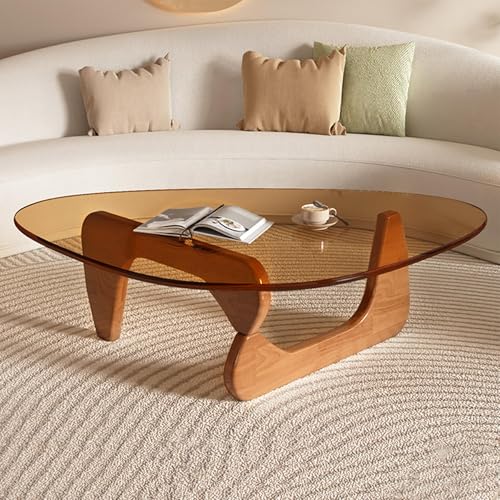 Kleiner Couchtisch, moderner Couchtisch aus Glas, Mitte des Jahrhunderts, Couchtische für Wohnzimmer, Mesa de Centro para Sala, rustikale ovale Couchtische mit Glasplatte und Holzsockel, Walnussbraun von DESYIFO