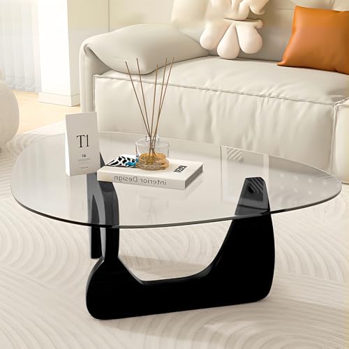 Schwarzer moderner Couchtisch aus Glas, einzigartiger dreieckiger Couchtisch für Wohnzimmer, Tischplatte aus gehärtetem Glas + Holzsockel, abstrakt, zeitgenössischer Mitteltisch für Zuhause, Büro von DESYIFO