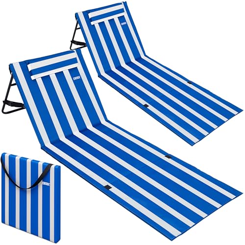 DETEX® 2X Strandmatte mit Rückenlehne Gepolstert Blau Weiß Sonnenliege klappbar UV-beständig Tasche Reißverschluss Kissen Tragegurt Garten Camping Picknick Liegematte 158x56cm von DETEX