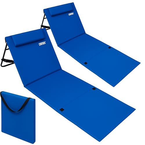 DETEX® 2X Strandliege klappbar leicht tragbar Rückenlehne UV-beständig Tasche Reißverschluss Kissen Tragegurt Garten Camping Picknick Strandmatte Blau von DETEX