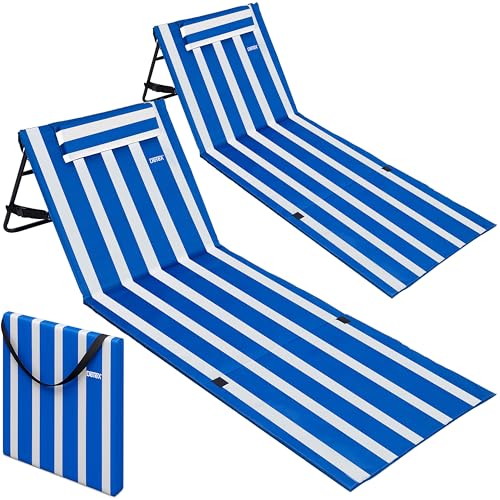 DETEX® 2X Strandmatte mit Rückenlehne Gepolstert Blau Weiß Sonnenliege klappbar UV-beständig Tasche Reißverschluss Kissen Tragegurt Garten Camping Picknick Liegematte 158x56cm von DETEX