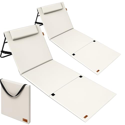 DETEX® 2X Strandmatte mit Rückenlehne Gepolstert Creme Sonnenliege klappbar UV-beständig Tasche Reißverschluss Kissen Tragegurt Garten Camping Picknick Liegematte 158x56cm von DETEX