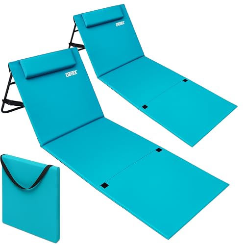 DETEX® 2X Strandmatte mit Rückenlehne Gepolstert Türkis Sonnenliege klappbar UV-beständig Tasche Reißverschluss Kissen Tragegurt Garten Camping Picknick Liegematte 158x56cm von DETEX