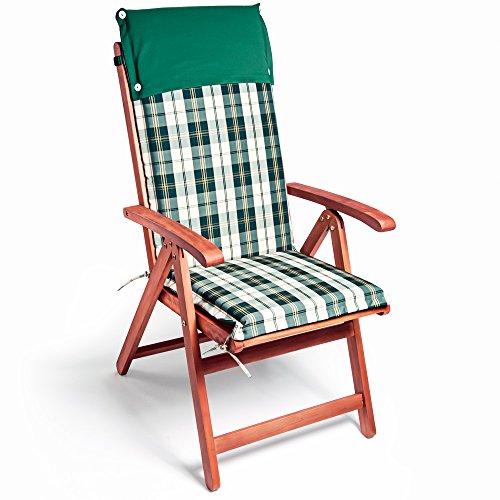 DETEX® Hochlehner Auflagen 6er Set Grün Weiß Kariert Waschbar 30° Form Stabil Wetterfest Befestigungsbänder Gummizug Garten Stuhl Sitzauflage Stuhlkissen Polsterauflage 120x45cm von DETEX