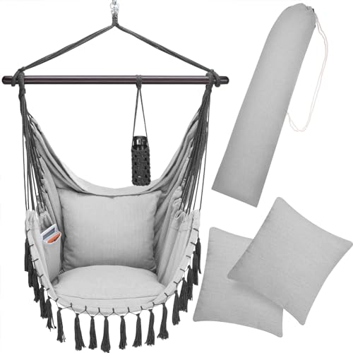 DETEX® Hängesessel bis 150kg Belastbar mit Flaschenhalter Boho Stil Wetterfest Garten 360° Drehbar Grau Hängestuhl Indoor & Outdoor Kissen von DETEX