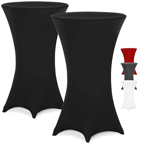 DETEX® Stehtisch Hussen Ø 80-85 cm Schwarz 2er Set Rund 30°C Waschbar Verstärkte Standfüße Knitter- & Bügelfrei Stretch Stehtischhusse Überzug Bezug von DETEX