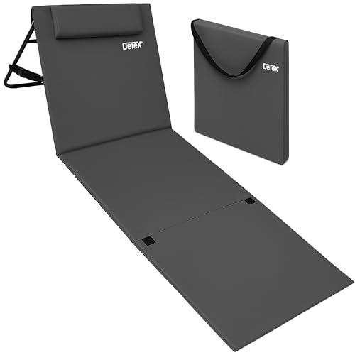 DETEX® Strandmatte mit Rückenlehne Gepolstert Anthrazit Sonnenliege klappbar UV-beständig Tasche Reißverschluss Kissen Tragegurt Garten Camping Picknick Liegematte 158x56cm von DETEX