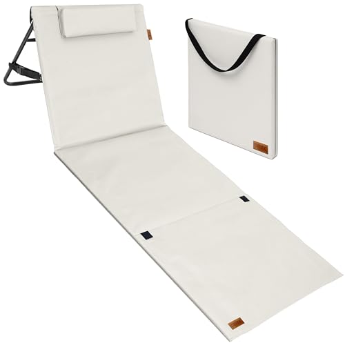 DETEX® Strandmatte mit Rückenlehne Gepolstert Beige Sonnenliege klappbar UV-beständig Tasche Reißverschluss Kissen Tragegurt Garten Camping Picknick Liegematte 158x56cm von DETEX