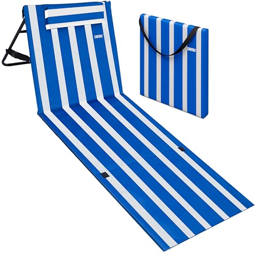 DETEX® Strandmatte mit Rückenlehne Gepolstert Blau Weiß Sonnenliege klappbar UV-beständig Tasche Reißverschluss Kissen Tragegurt Garten Camping Picknick Liegematte 158x56cm von DETEX