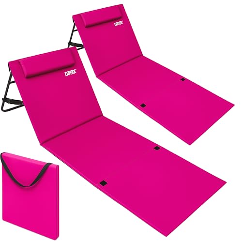 Detex® 2X Strandmatte mit Rückenlehne Gepolstert Pink Sonnenliege klappbar UV-beständig Tasche Reißverschluss Kissen Tragegurt Garten Camping Picknick Liegematte 158x56cm von DETEX
