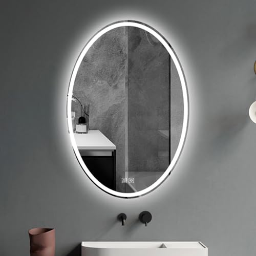 DETMOL Ovaler intelligenter Schminkspiegel fürs Badezimmer,an der Wand montierter Spiegel mit Rahmen,ovaler LED-Badezimmerspiegel mit Touch-Funktion,Antibeschlag,farblich einstellbarem LED-Licht un von DETMOL