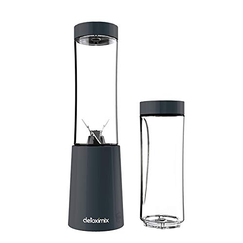 DETOXIMIX - Kompakter Mini-Standmixer, 150 W, 280 ml – Smoothie Milchshake Saft, Obst oder Gemüse – 2 Flaschen mit Reisedeckel + Rezeptheft – Kunststoff BPA-frei, 4 Klingen – Grau von DETOXIMIX